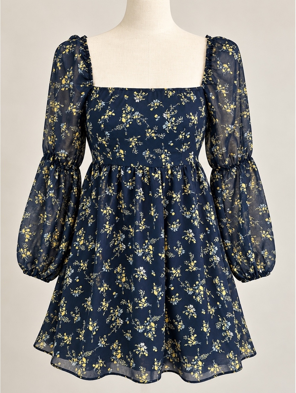 EXLURA Women’s XS Dark Navy Blue Floral Square Neck Puff Sleeve Mini Dress